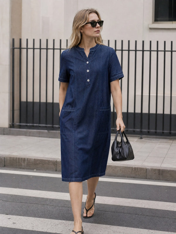 Half-Button Denim Dress — Short Sleeve