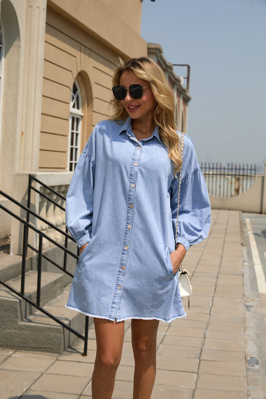 Autumn Dress Denim Dress Women's Elegant Dress Long Sleeves Brushed Hem Knee-Length