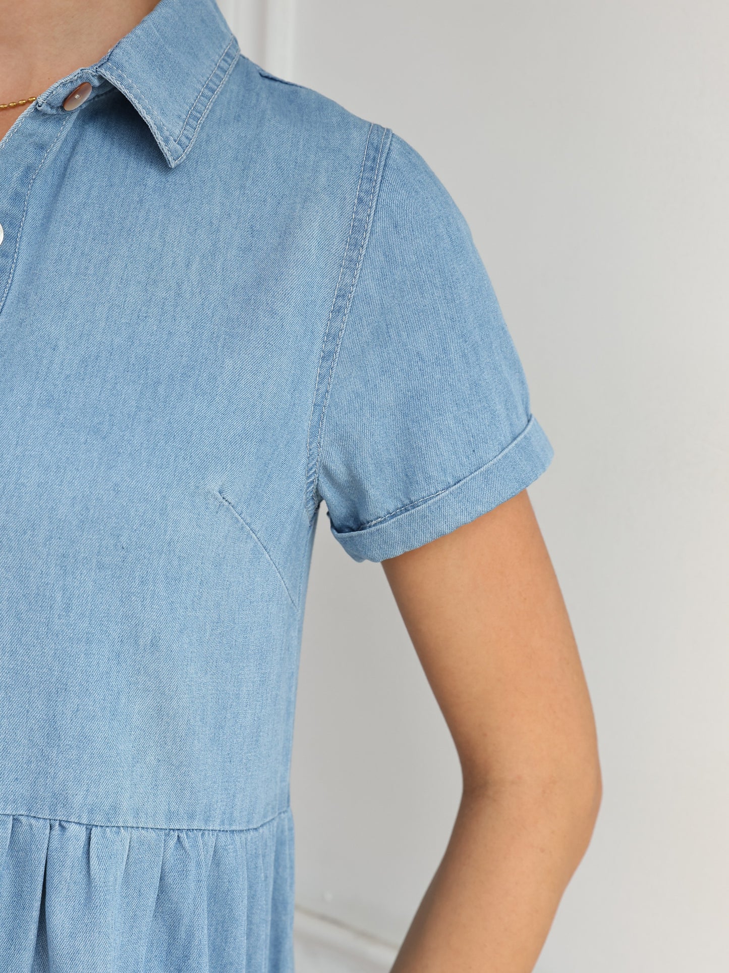 Women's Short Sleeve Shirt Dress, Denim Dress, Tiered Skirt Hem, Daily Wear, Casual Basic Style