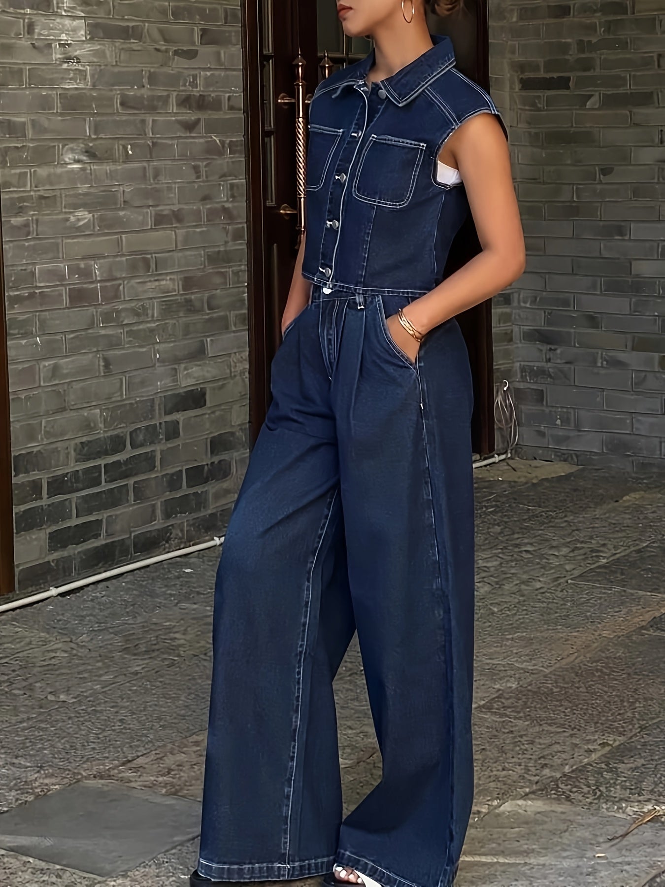 Ladies' Denim Two-Piece Set, Summer Sleeveless Top with Sleeveless Vest and Casual Loose Wide-Leg Pants, Everyday Casual