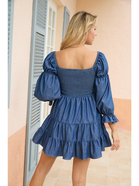 Ladies' Classic Denim Dress, Smocking Dress, Soft Fabric, Cool and Breathable