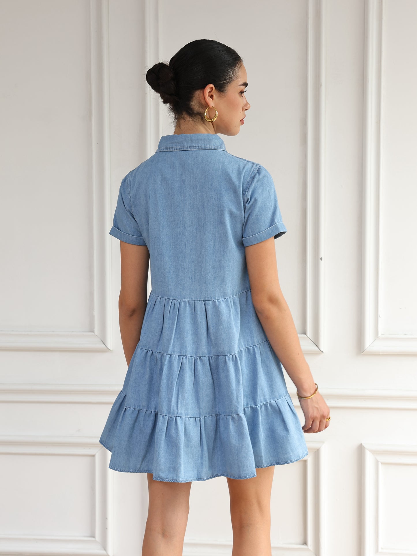 Women's Short Sleeve Shirt Dress, Denim Dress, Tiered Skirt Hem, Daily Wear, Casual Basic Style