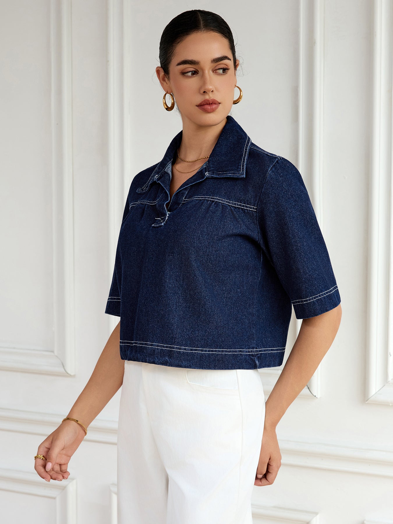 Fall and Winter Denim Women's Elegant Top Short Sleeves