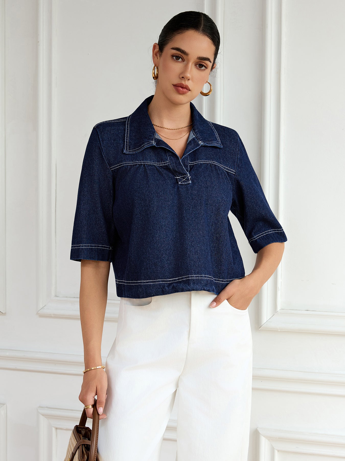 Fall and Winter Denim Women's Elegant Top Short Sleeves