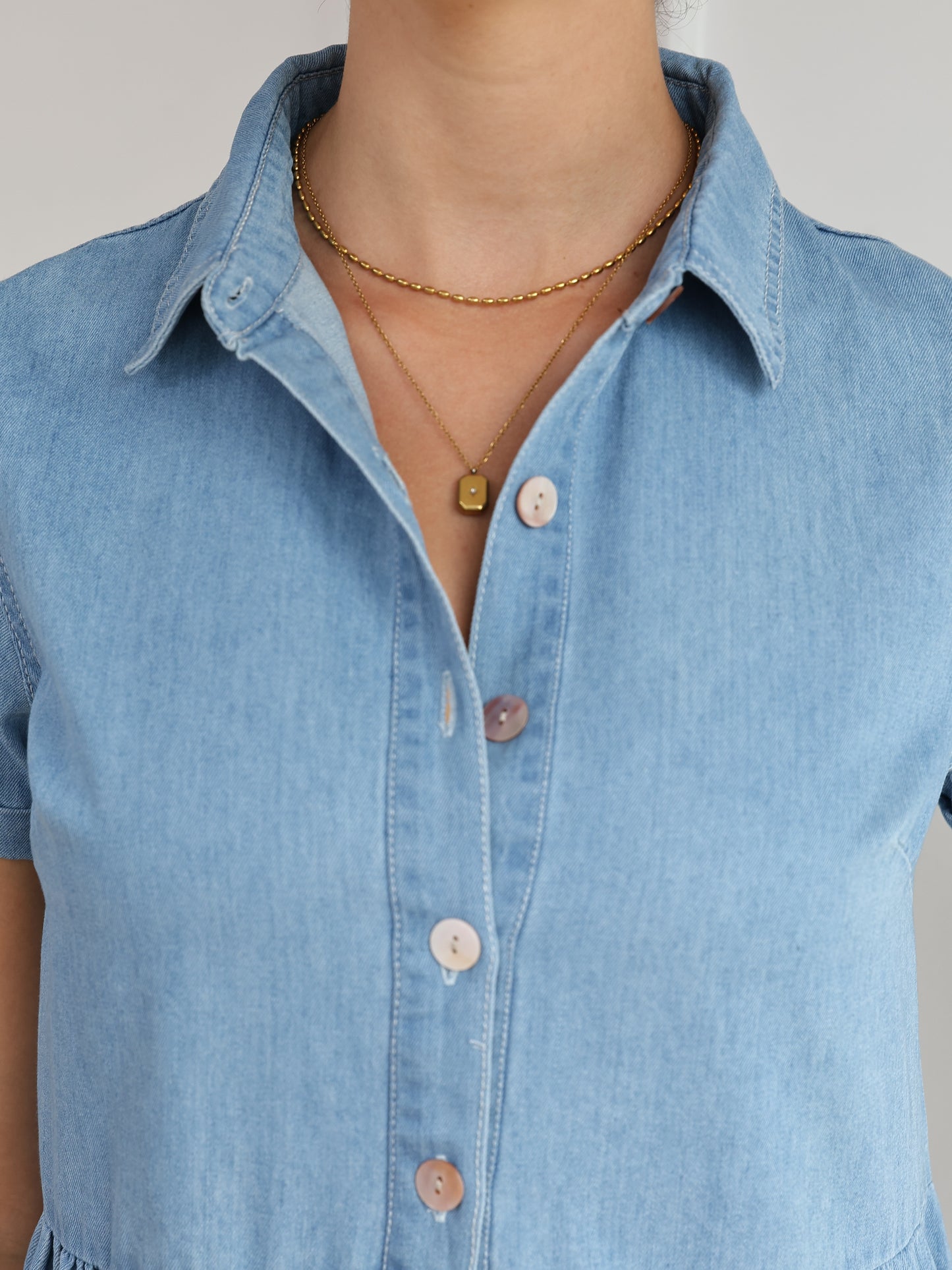 Women's Short Sleeve Shirt Dress, Denim Dress, Tiered Skirt Hem, Daily Wear, Casual Basic Style