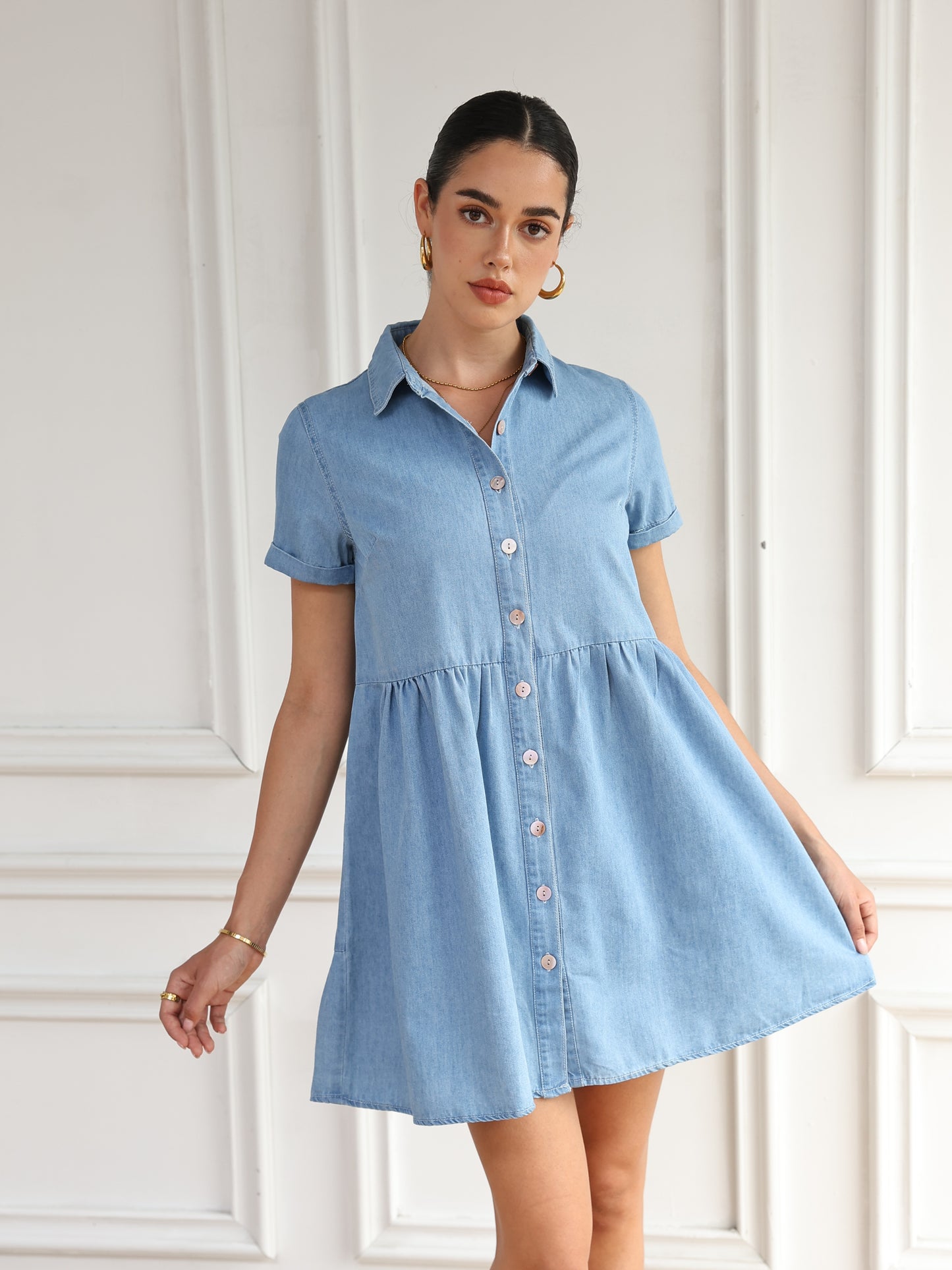 Women's Short Sleeve Shirt Dress, Denim Dress, Tiered Skirt Hem, Daily Wear, Casual Basic Style