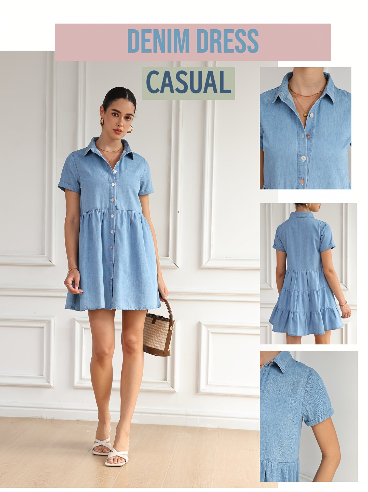 Women's Short Sleeve Shirt Dress, Denim Dress, Tiered Skirt Hem, Daily Wear, Casual Basic Style