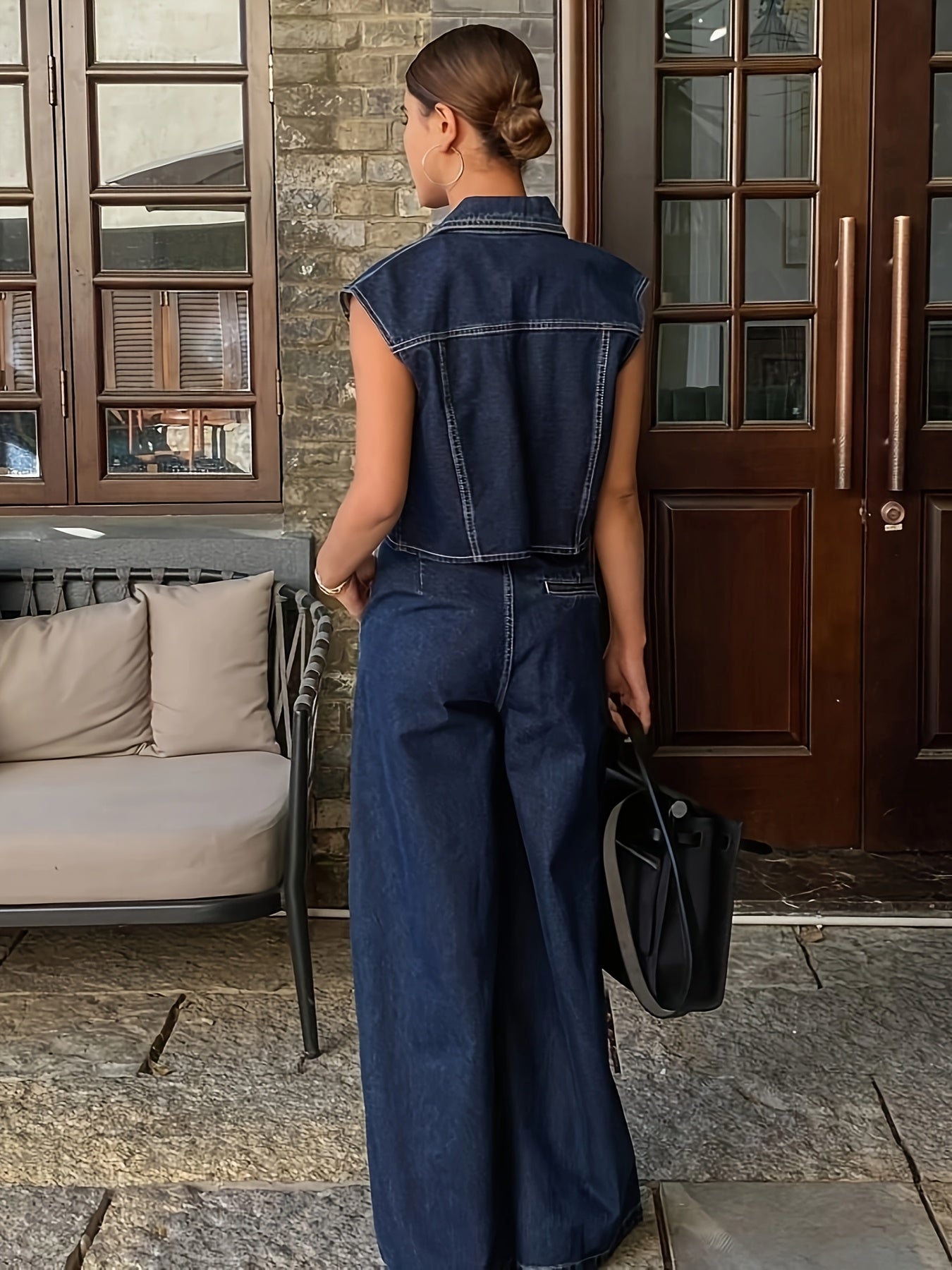 Ladies' Denim Two-Piece Set, Summer Sleeveless Top with Sleeveless Vest and Casual Loose Wide-Leg Pants, Everyday Casual