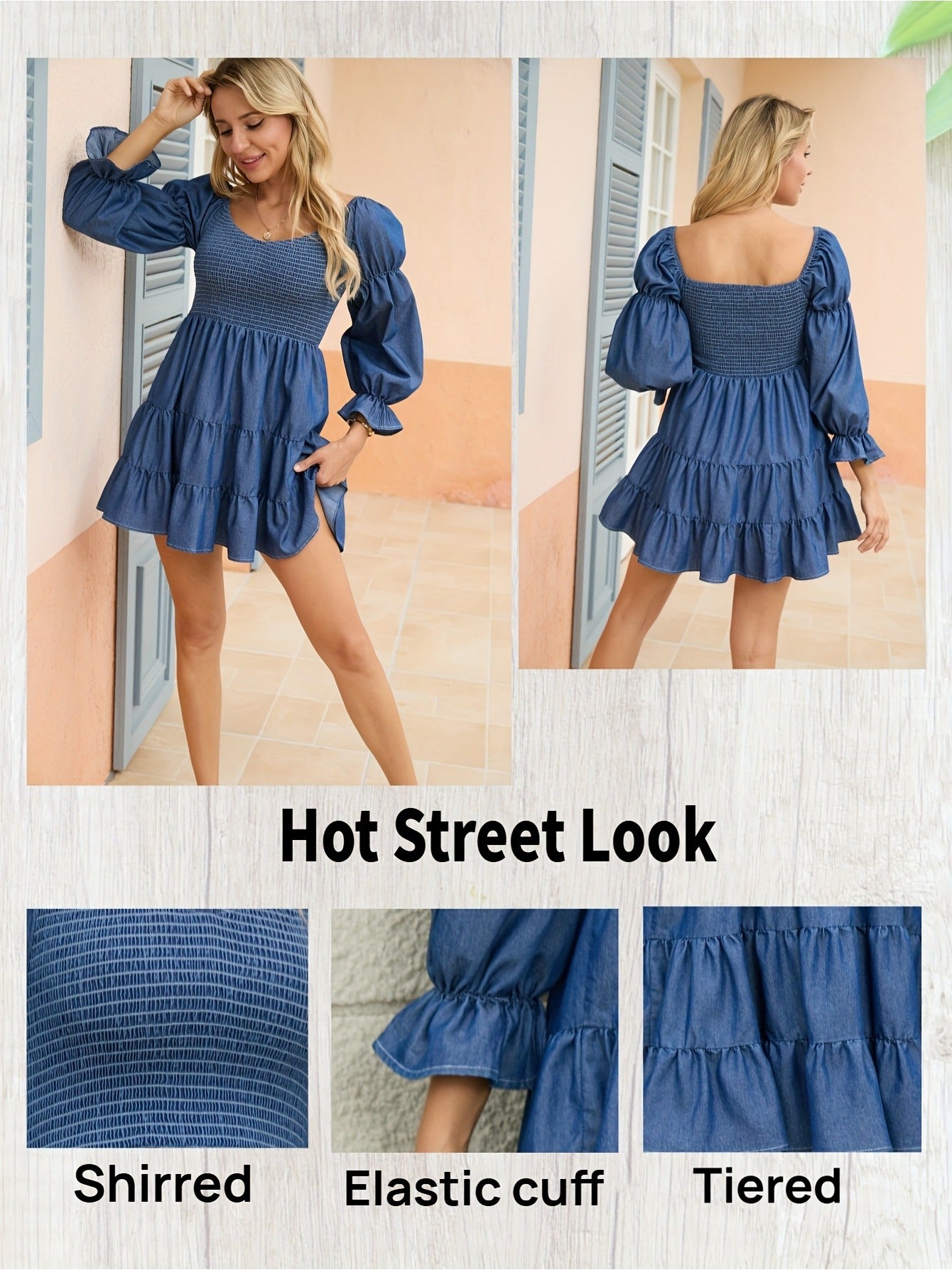 Ladies' Classic Denim Dress, Smocking Dress, Soft Fabric, Cool and Breathable