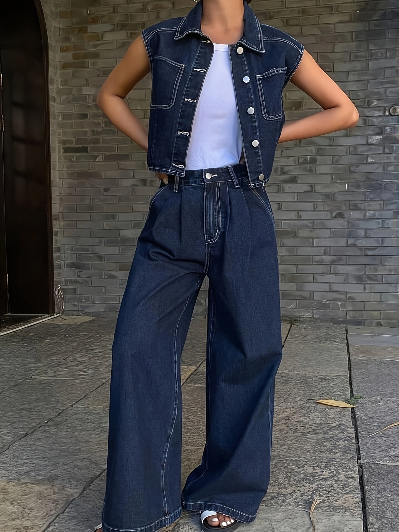 Ladies' Denim Two-Piece Set, Summer Sleeveless Top with Sleeveless Vest and Casual Loose Wide-Leg Pants, Everyday Casual