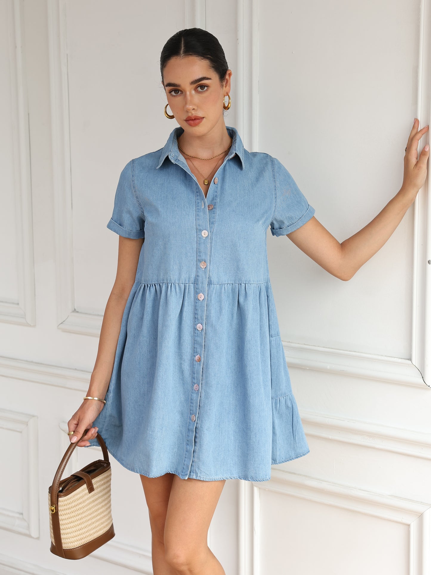 Women's Short Sleeve Shirt Dress, Denim Dress, Tiered Skirt Hem, Daily Wear, Casual Basic Style