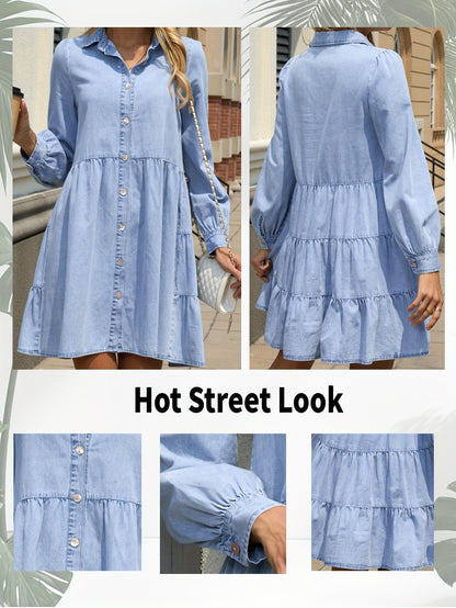 2025 New Denim Dress, Long Sleeve ,Tiered Skirt Dress, Autumn Outfit.#YOS-L015