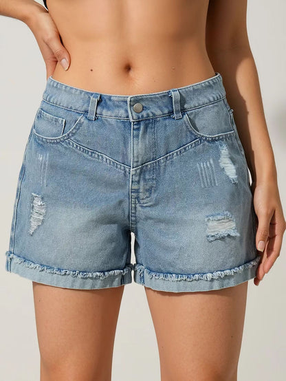 Summer Women Distressed Denim Shorts High Waist Washed Jeans Casual Outfit Essential