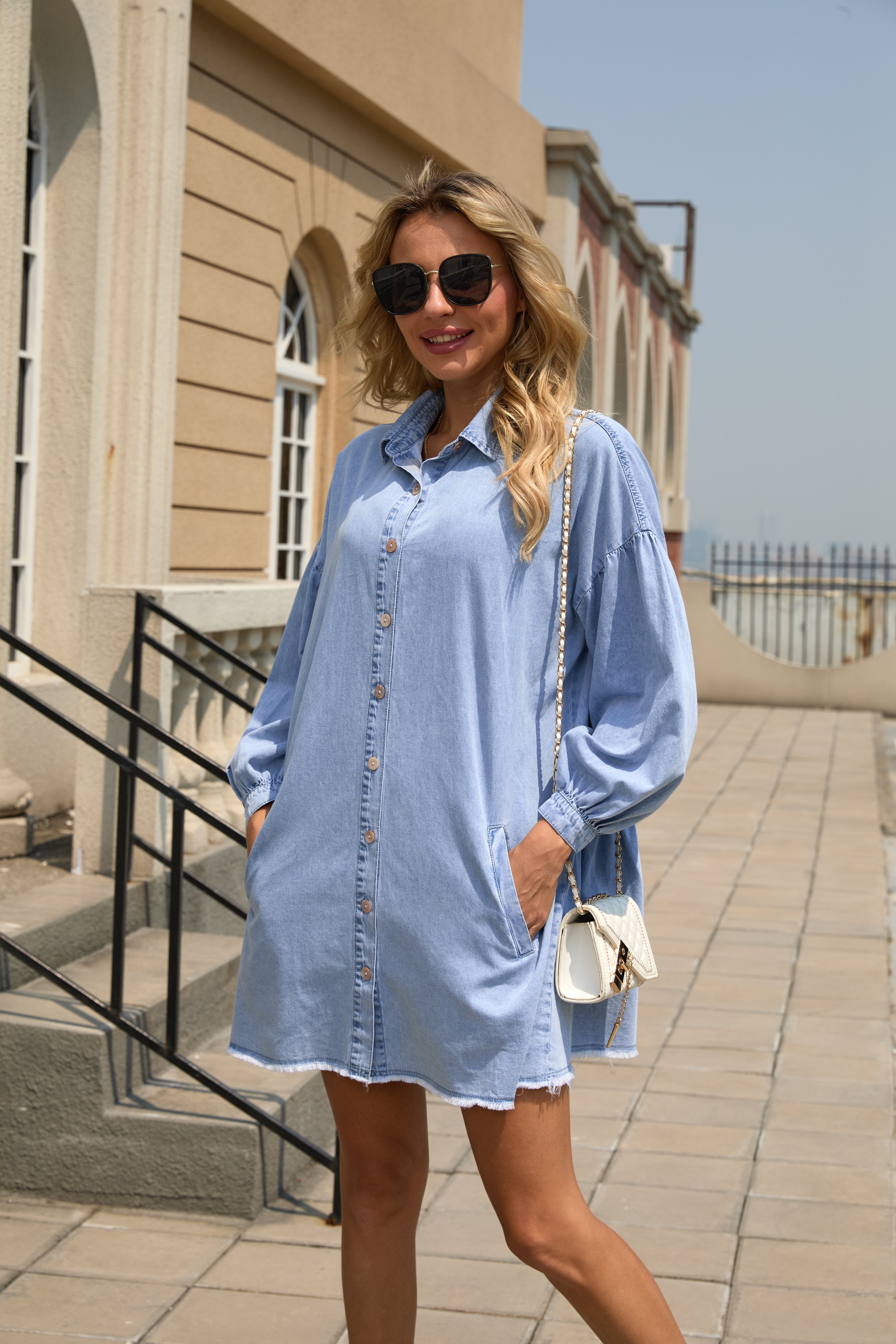 Autumn Dress Denim Dress Women's Elegant Dress Long Sleeves Brushed Hem Knee-Length