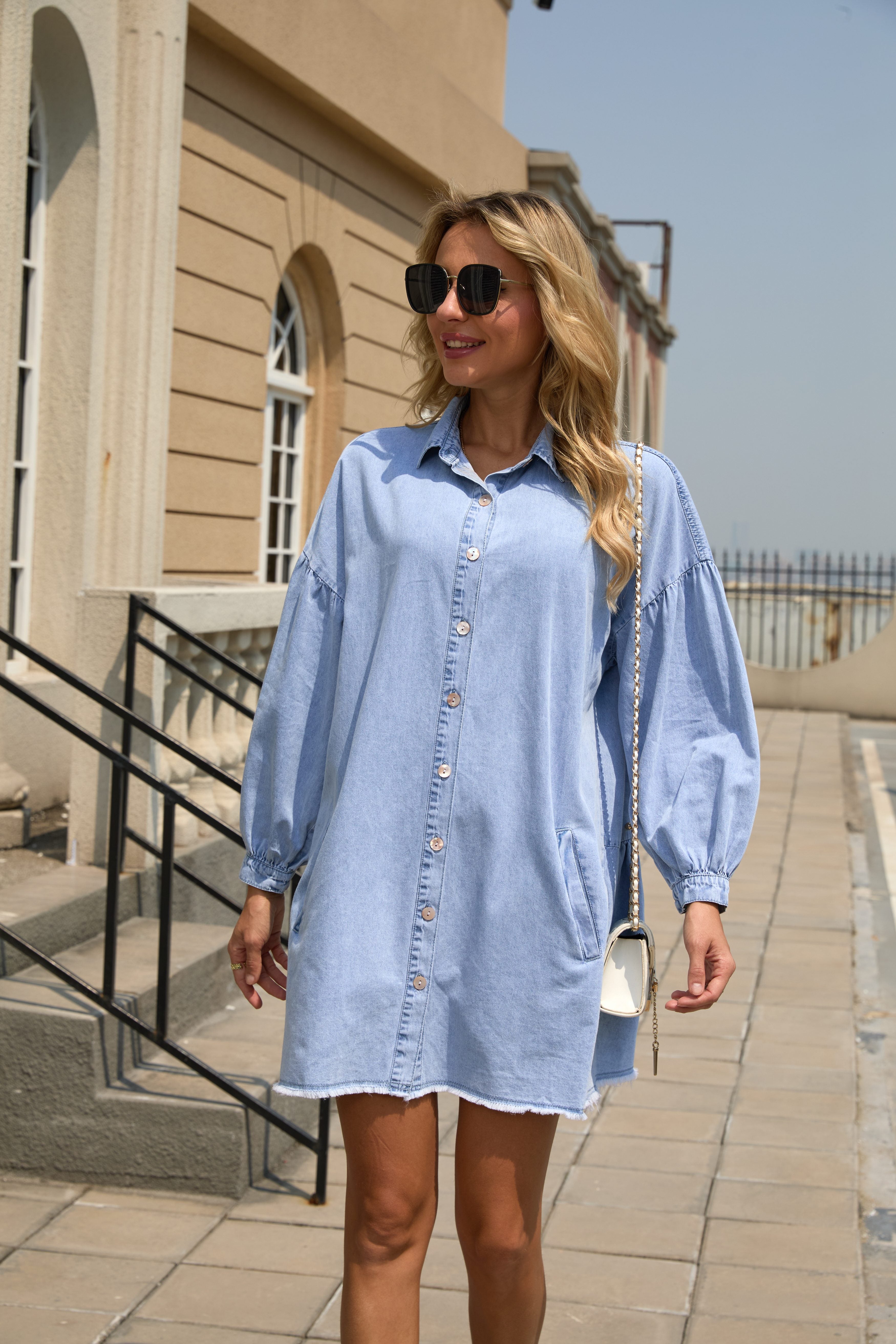 Autumn Dress Denim Dress Women's Elegant Dress Long Sleeves Brushed Hem Knee-Length