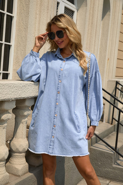 Autumn Dress Denim Dress Women's Elegant Dress Long Sleeves Brushed Hem Knee-Length