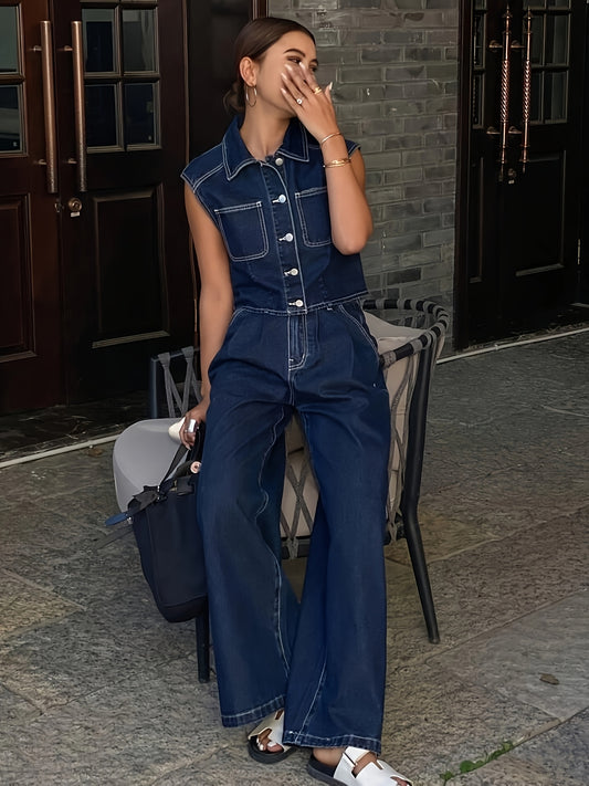 Ladies' Denim Two-Piece Set, Summer Sleeveless Top with Sleeveless Vest and Casual Loose Wide-Leg Pants, Everyday Casual