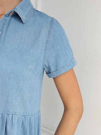 Women's Short Sleeve Shirt Dress, Denim Dress, Tiered Skirt Hem, Daily Wear, Casual Basic Style