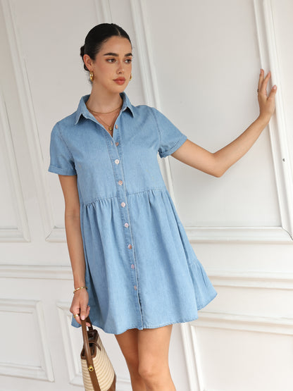 Women's Short Sleeve Shirt Dress, Denim Dress, Tiered Skirt Hem, Daily Wear, Casual Basic Style