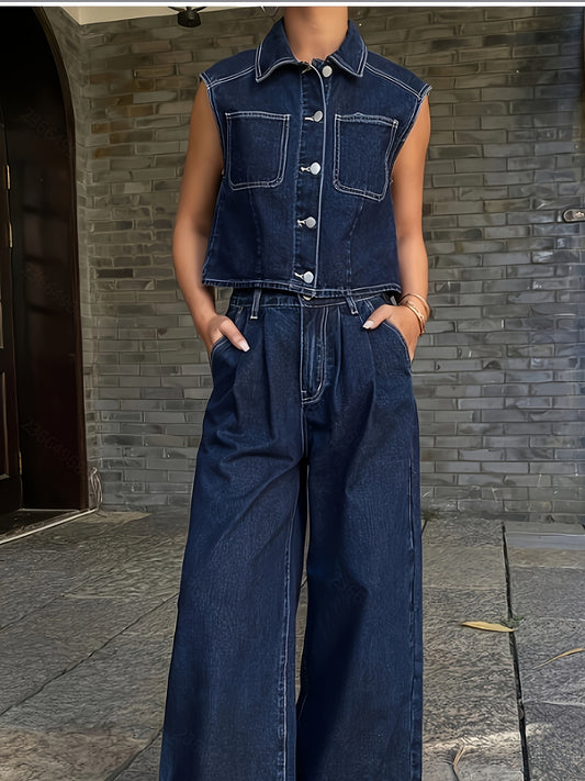 Ladies' Denim Two-Piece Set, Summer Sleeveless Top with Sleeveless Vest and Casual Loose Wide-Leg Pants, Everyday Casual