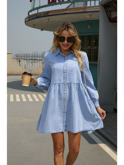 2025 New Denim Dress, Long Sleeve ,Tiered Skirt Dress, Autumn Outfit.#YOS-L015