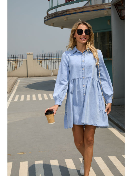 2025 New Denim Dress, Long Sleeve ,Tiered Skirt Dress, Autumn Outfit.#YOS-L015
