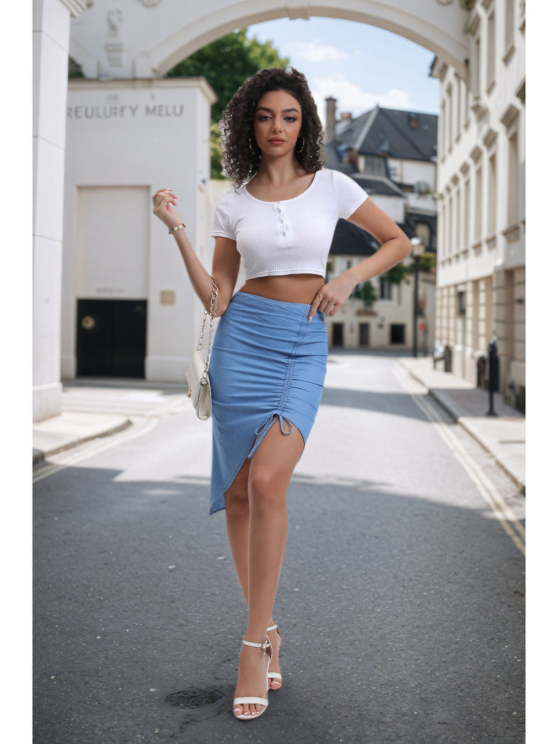 Bohemian Women's Denim Skirt Women's Wrap Skirt Side Tie Frilled Skirt.