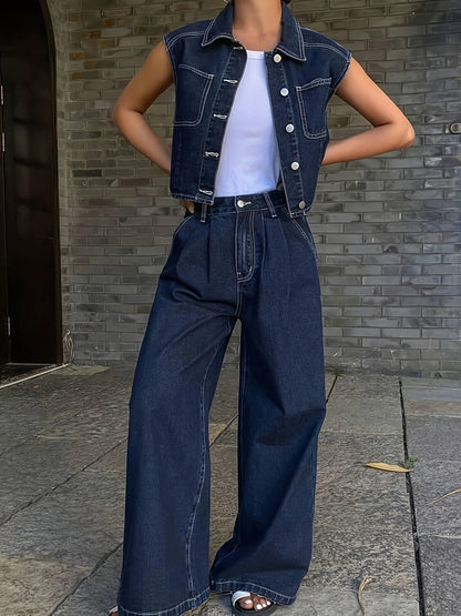 Ladies' Denim Two-Piece Set, Summer Sleeveless Top with Sleeveless Vest and Casual Loose Wide-Leg Pants, Everyday Casual