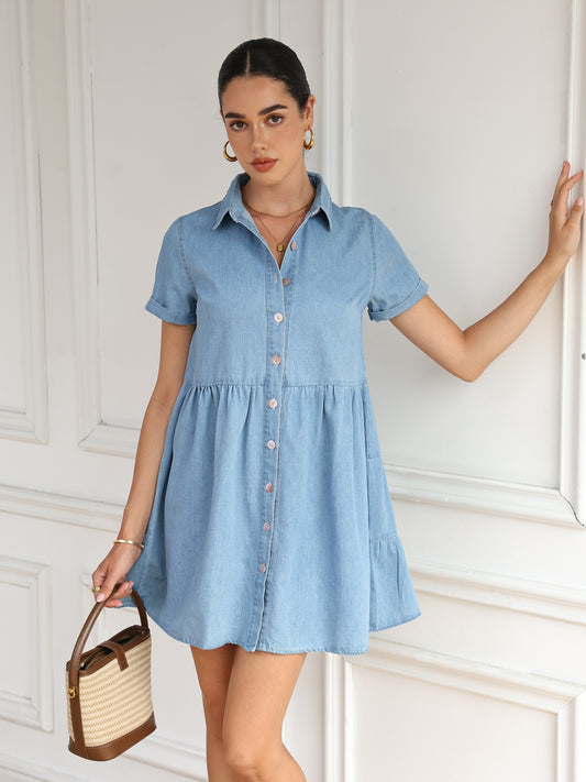 Women's Short Sleeve Shirt Dress, Denim Dress, Tiered Skirt Hem, Daily Wear, Casual Basic Style