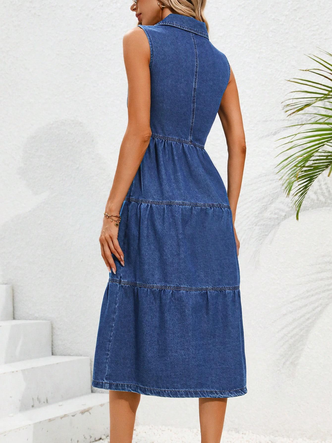 2025 New Sleeveless Denim Dress, Layered Skirt, Women's Long Dress, Casual Beach Style, Vacation, Elegant