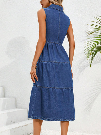 2025 New Sleeveless Denim Dress, Layered Skirt, Women's Long Dress, Casual Beach Style, Vacation, Elegant
